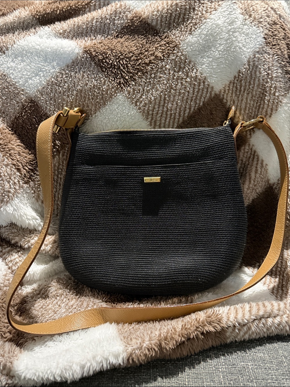 Eric Javits Black Crossbody with Tan Strap and Gold Hardware